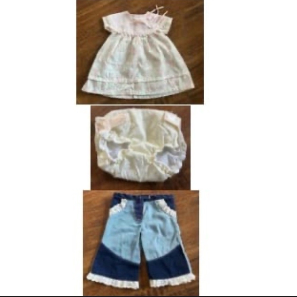 Girls Three-Piece Dress, Bloomer & Patchwork Pants Set in White and Blue